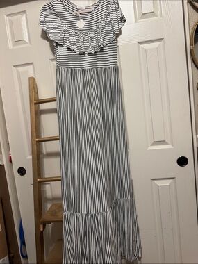 Pinkblush Black & White Striped Ruffle Maxi Dress